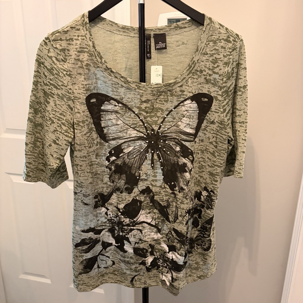 New Directions Burnout Textured Butterfly Graphic T Shirt PL Fairycore Boho Y2K